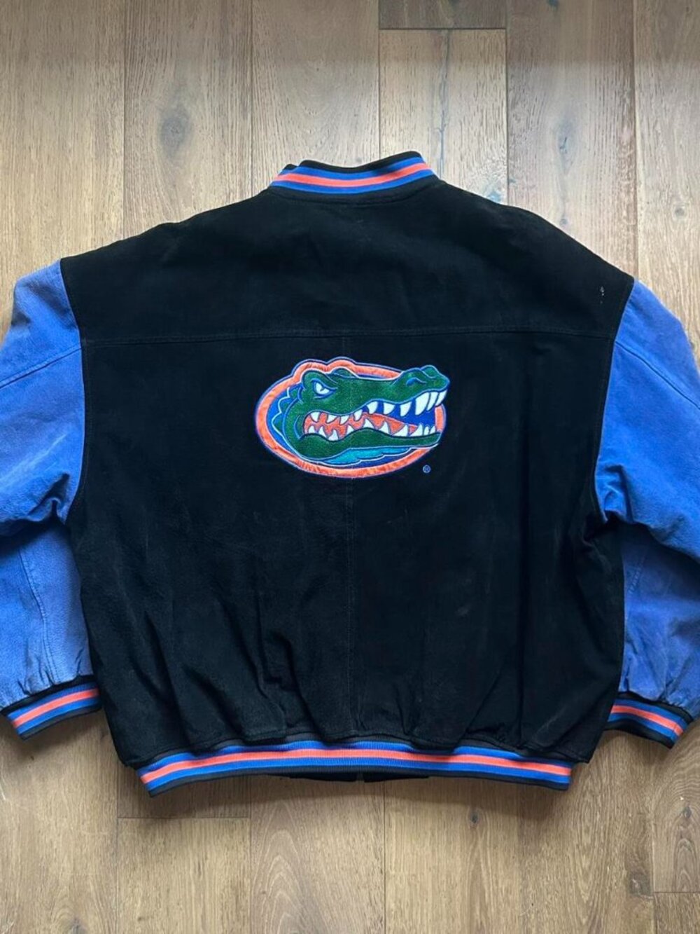 Vintage Florida Gators 90s Varsity Leather Quilted Bomber Jacket XXL Black Blue